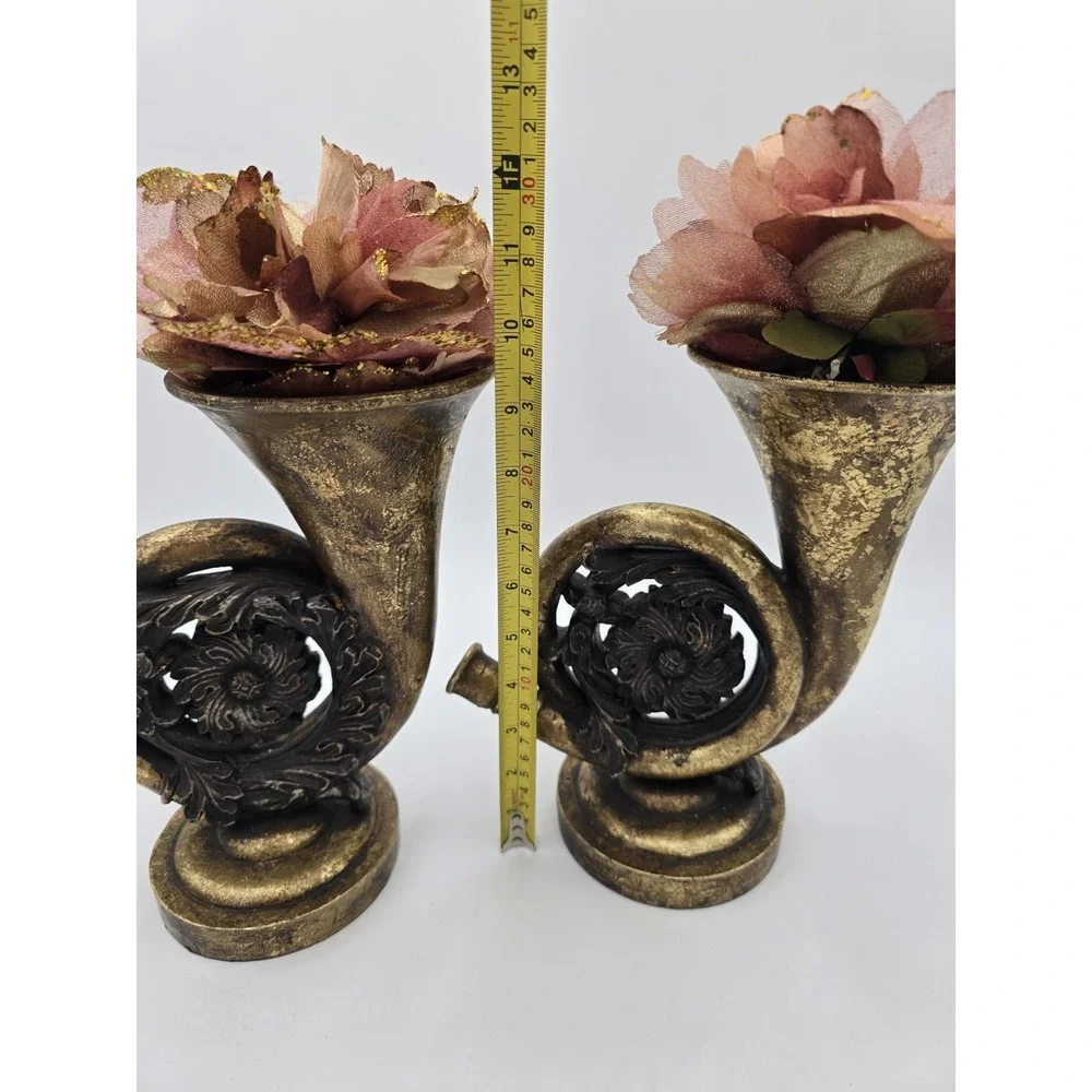 Gold Color French‎ Horn Faux Flower Vases Table Decor Set Of 2